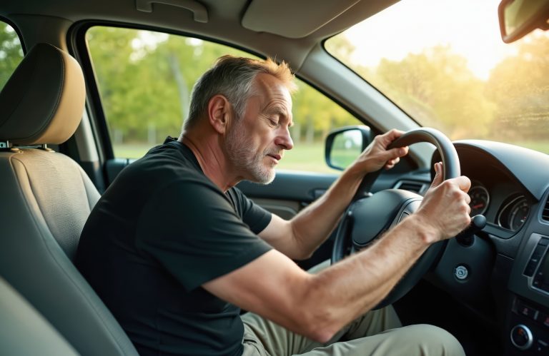 Mature man experiencing drowsiness behind steering wheel illustrating epilepsy driving restrictions and seizure safety concerns