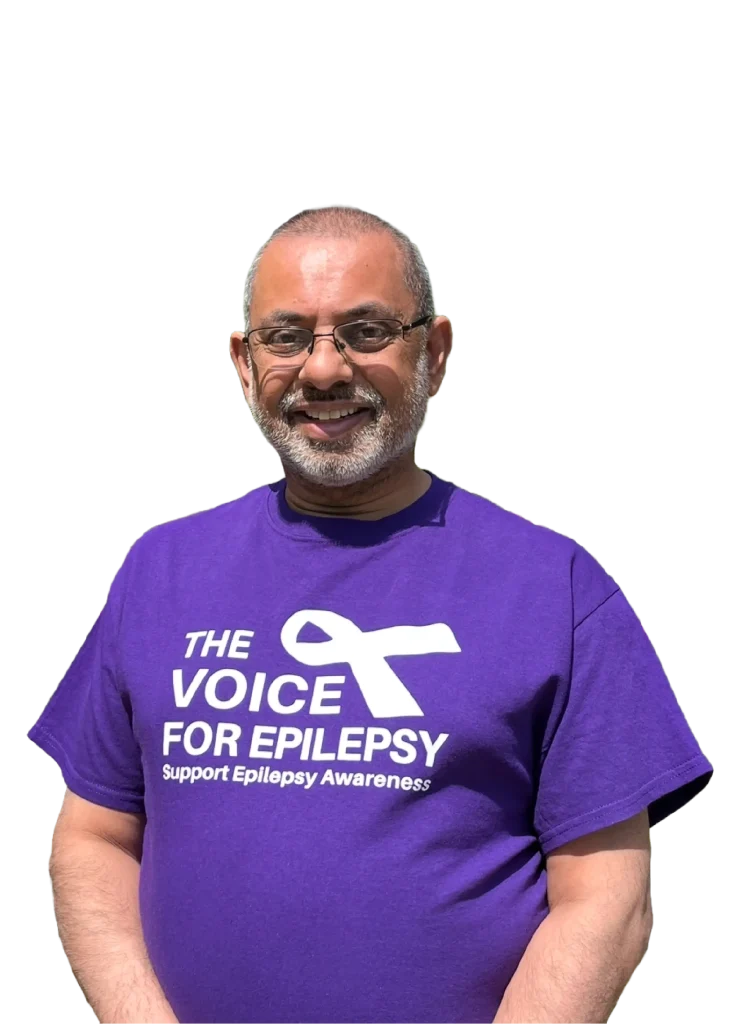Smiling supporter wearing The Voice For Epilepsy purple awareness t-shirt