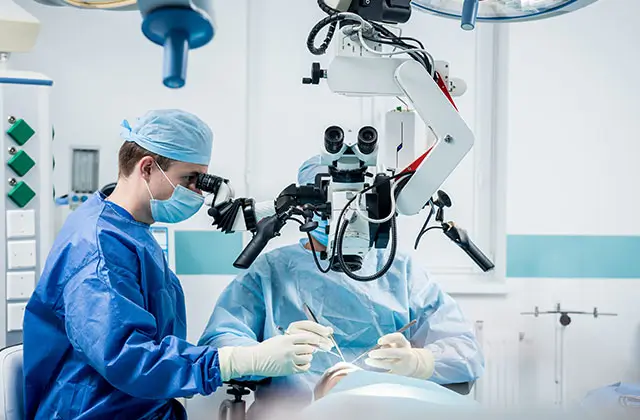 Surgeon performing brain surgery in modern operating room