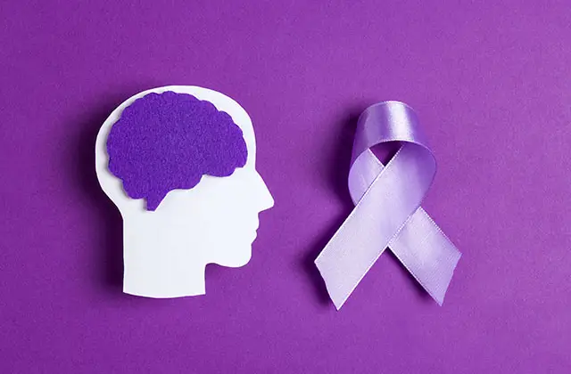 Human head silhouette with brain and purple epilepsy awareness ribbon representing what is epilepsy