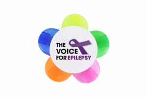 Colorful flower-shaped highlighters with The Voice For Epilepsy logo