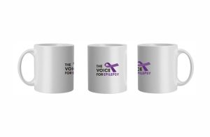 White ceramic mugs with The Voice For Epilepsy logo