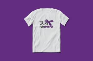 White The Voice For Epilepsy charity t-shirt with purple ribbon logo for epilepsy awareness