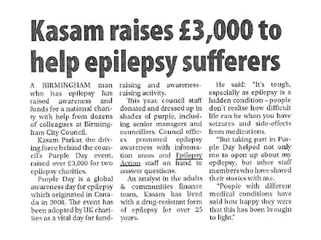 Newspaper article about Kasam raising 3000 pounds for epilepsy sufferers