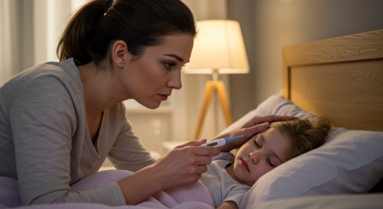 Worried mother checking sick child's temperature with thermometer monitoring for febrile seizures and epilepsy symptoms