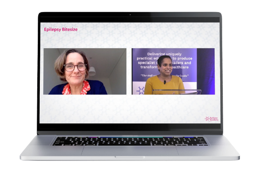 Epilepsy Academy online training course on laptop showing neurologist instructor for healthcare education