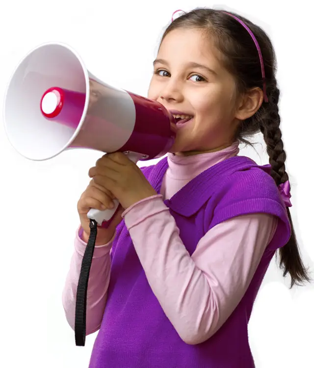 Young girl in purple shirt speaking through megaphone promoting epilepsy awareness campaign