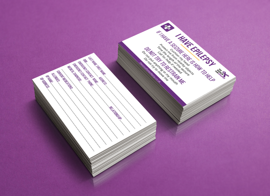 Epilepsy medical ID cards with seizure first aid instructions and emergency contact information