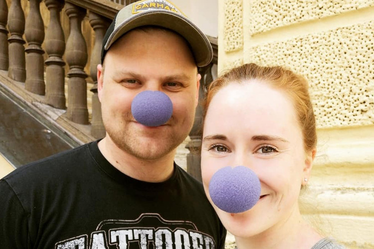 Sven wearing purple nose for Purple Day epilepsy awareness event in Germany